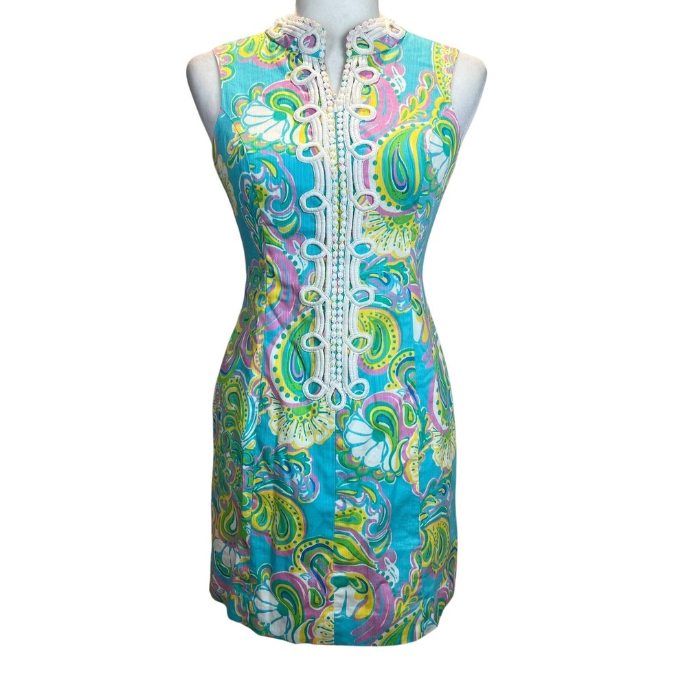 Lilly Pulitzer Alexa Shift Dress 00 Sleeveless Eyelet Trim Paisley Preppy Resort